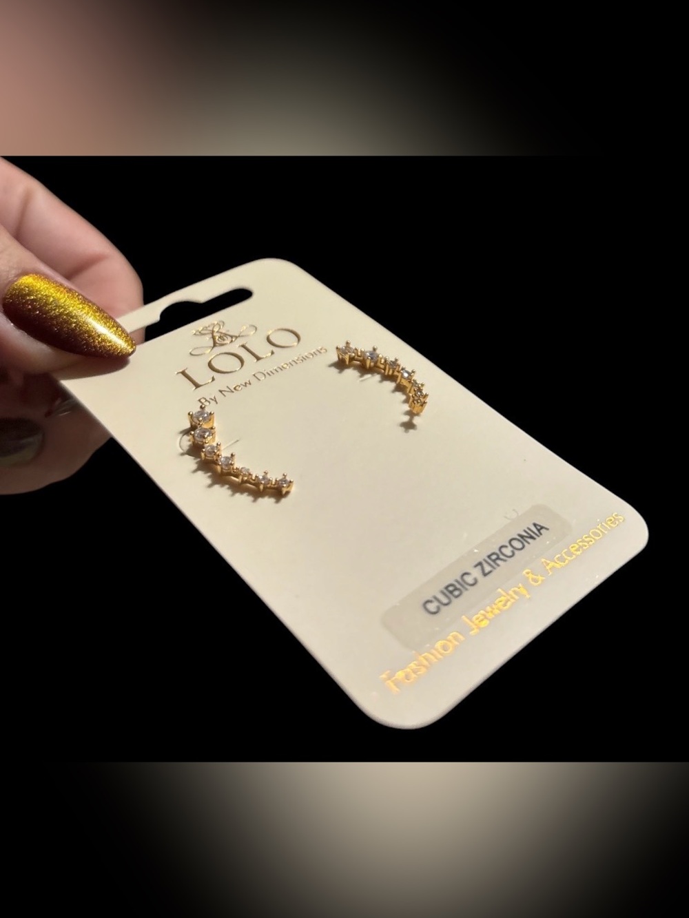 Gold Cubic Zirconia Ear Climbers - Sparkling Curved Studs - Picture 2 of 2